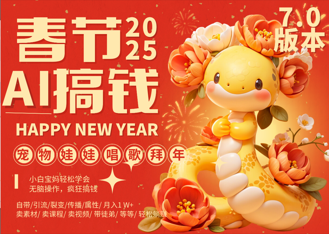 AI春节搞钱7.0升级版 蝴蝶号超火爆萌宠唱歌拜年  AI一键制作 批量出内容   春节做轻松躺赚 每日轻松十分钟  月赚米1W+  抓紧冲！可做视频 可卖素材只带小白和宝妈！副业基地_极客搞钱_中创网_福缘网_冒泡网_资源整合平台副业基地
