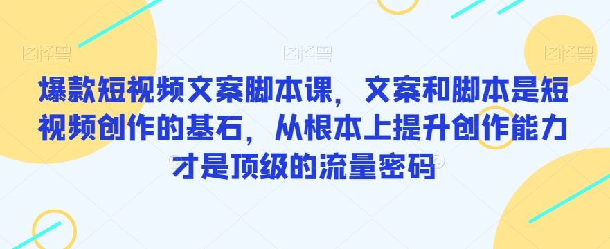 爆款短视频文案脚本课，文案和脚本是短视频创作的基石，从根本上提升创作能力才是顶级的流量密码副业基地_极客搞钱_中创网_福缘网_冒泡网_资源整合平台副业基地