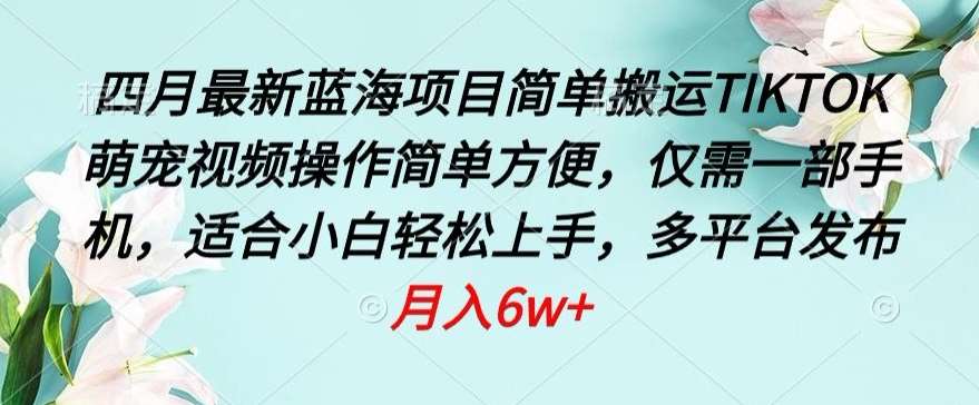 四月最新蓝海项目，简单搬运TIKTOK萌宠视频，操作简单方便，仅需一部手机【揭秘】副业基地_极客搞钱_中创网_福缘网_冒泡网_资源整合平台副业基地