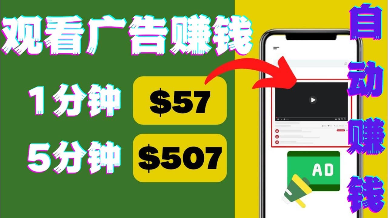 观看视频广告，只需要点击广告，每5分钟赚57美元副业基地_极客搞钱_中创网_福缘网_冒泡网_资源整合平台副业基地