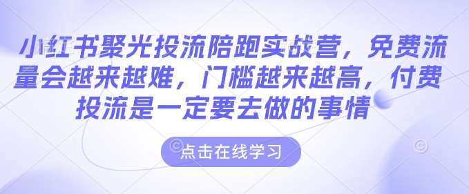 小红书聚光投流陪跑实战营，免费流量会越来越难，门槛越来越高，付费投流是一定要去做的事情副业基地_极客搞钱_中创网_福缘网_冒泡网_资源整合平台副业基地
