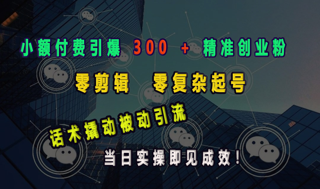 小额付费引爆 300 + 精准创业粉，零剪辑、零复杂起号，话术撬动被动引流，当日实操即见成效！副业基地_极客搞钱_中创网_福缘网_冒泡网_资源整合平台副业基地