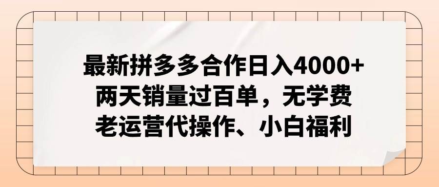（12869期）拼多多最新合作日入4000+两天销量过百单，无学费、老运营代操作、小白福利副业基地_极客搞钱_中创网_福缘网_冒泡网_资源整合平台副业基地