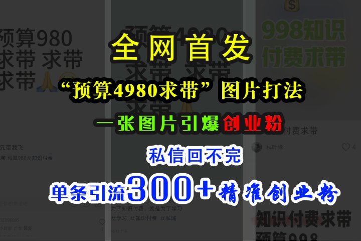 小红书“预算4980带我飞”图片打法，一张图片引爆创业粉，私信回不完，单条引流300+精准创业粉副业基地_极客搞钱_中创网_福缘网_冒泡网_资源整合平台副业基地