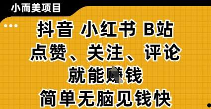 小而美的项目，抖音小红书B站视频点赞、关注、评论就能挣钱，简单无脑立见收益，妥妥的零撸项目【揭秘】副业基地_极客搞钱_中创网_福缘网_冒泡网_资源整合平台副业基地