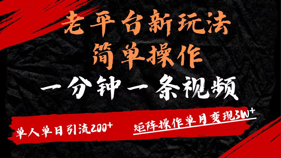 老平台，新玩法，简单操作，一分钟一条视频，单人单人引流200+矩阵操作，单月变现3W副业基地_极客搞钱_中创网_福缘网_冒泡网_资源整合平台副业基地