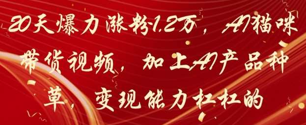 20天爆力涨粉1.2W，AI猫咪带货视频，加上AI产品种草，变现能力杠杠的副业基地_极客搞钱_中创网_福缘网_冒泡网_资源整合平台副业基地